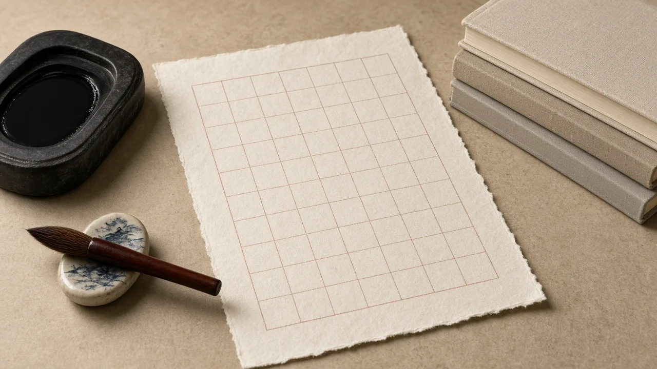 Brush, inkstone and grid practice paper